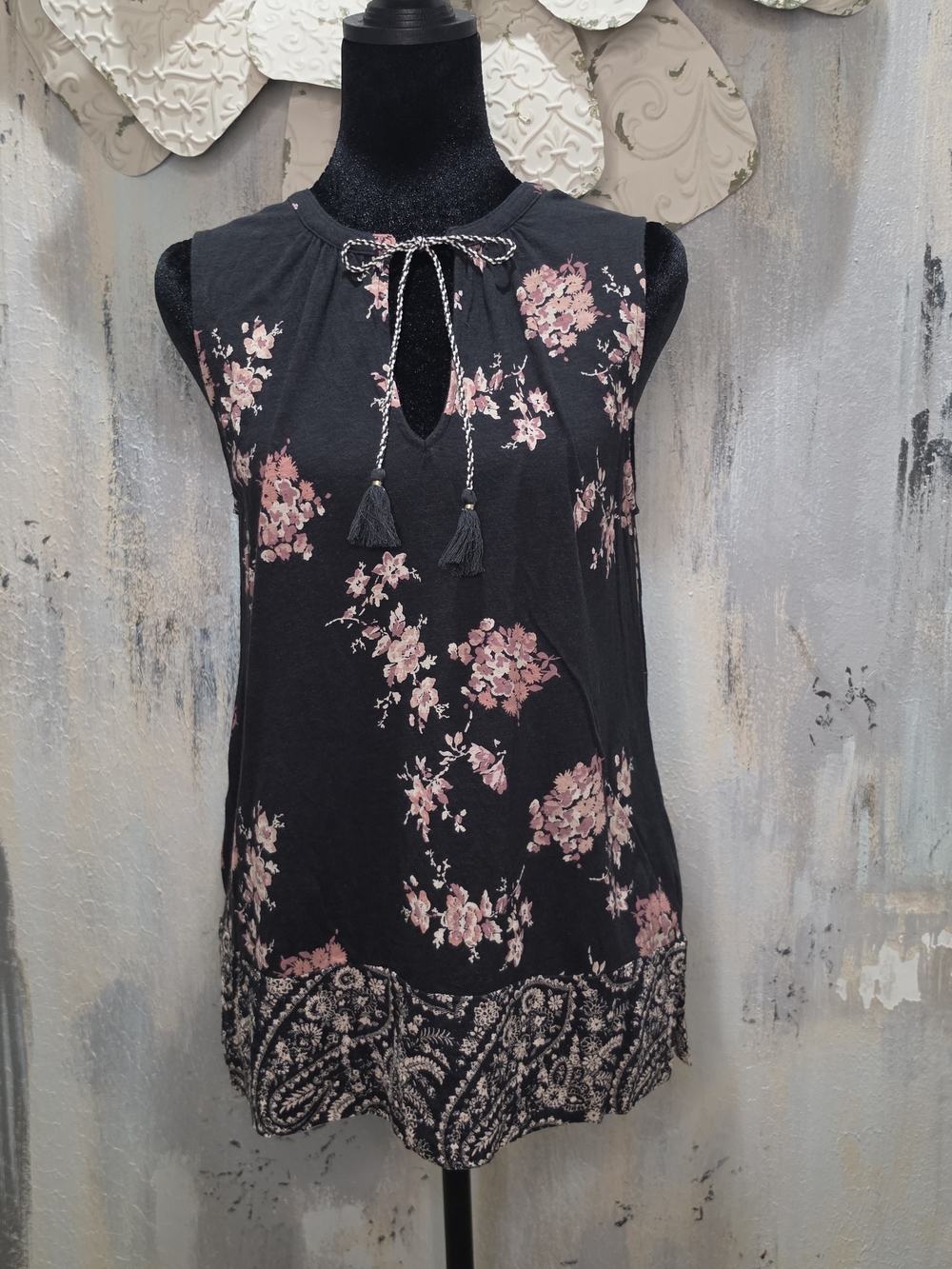 Lucky Brand Black Floral Tassel Tie-Neck Camisole